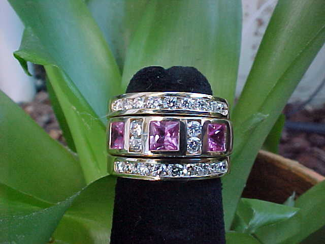 Pink sapphire + diamond gold ring